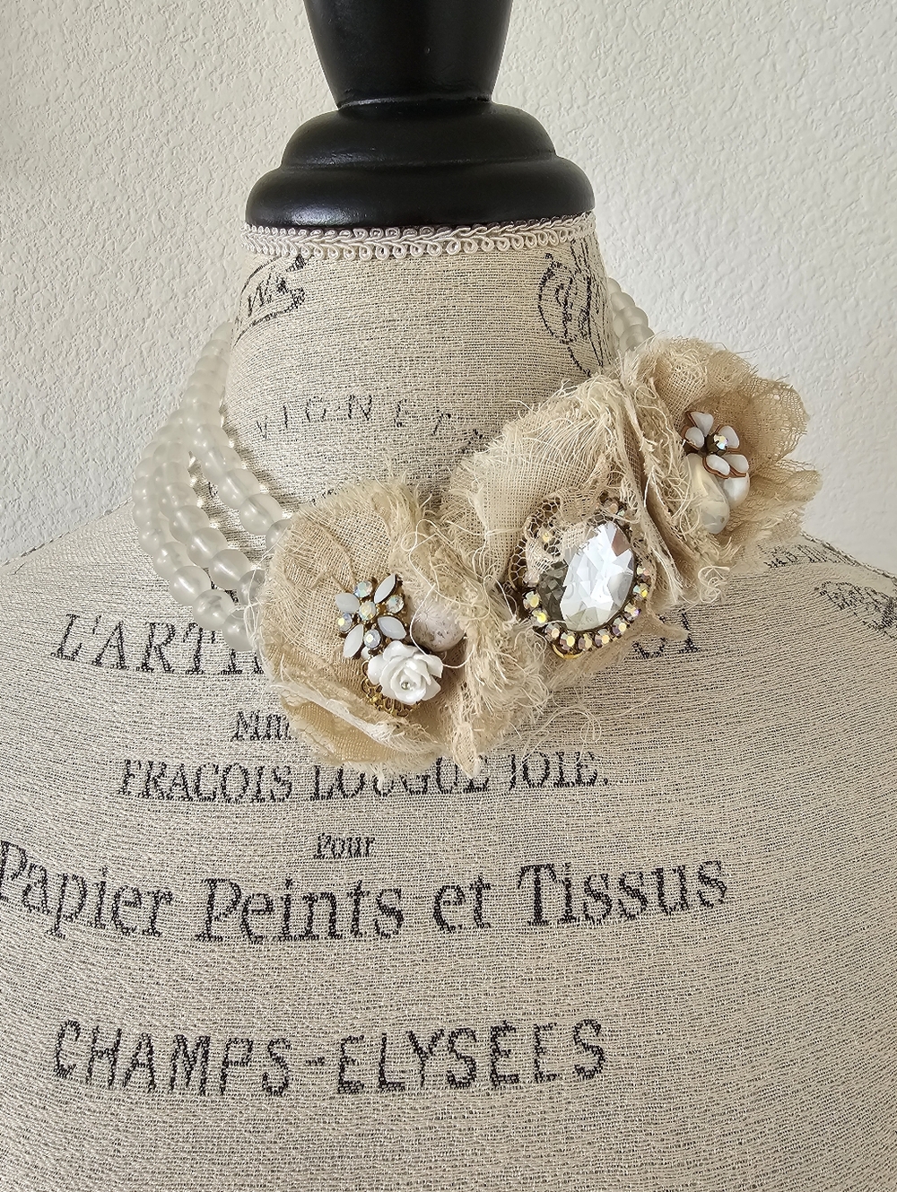 Lenora Dame Mixed Media Statement Necklace Frosted Beads & Linen Rosettes